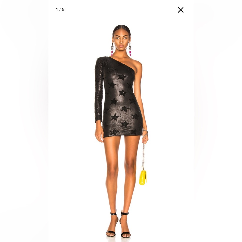 RTA Edie Dress - Black sequined star patterned mini dress with one shoulder